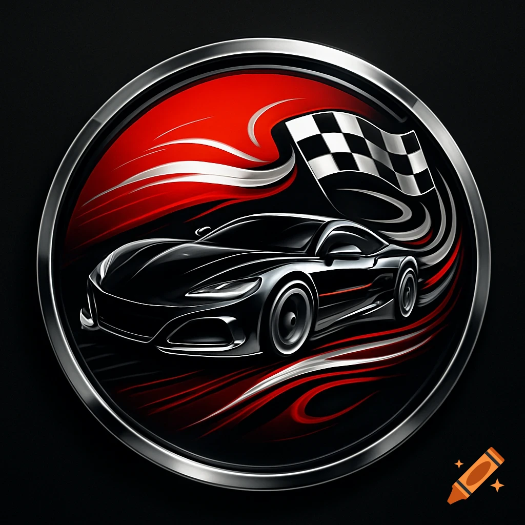 A stylized racing team logo features a black sports car and a checkered flag within a glossy red and silver circular emblem.
