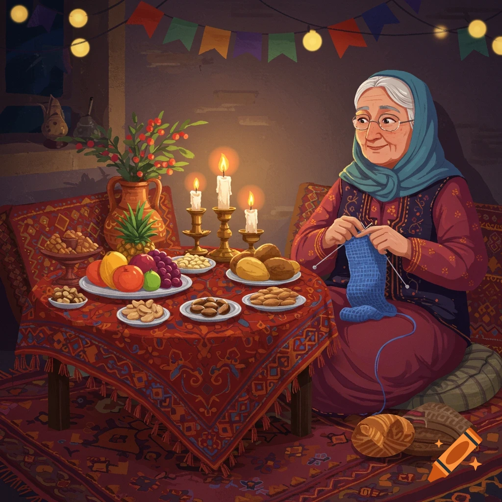 An old Iranian woman in traditional clothes knitting beside a festive table with food under string lights, in a cozy cartoon style.