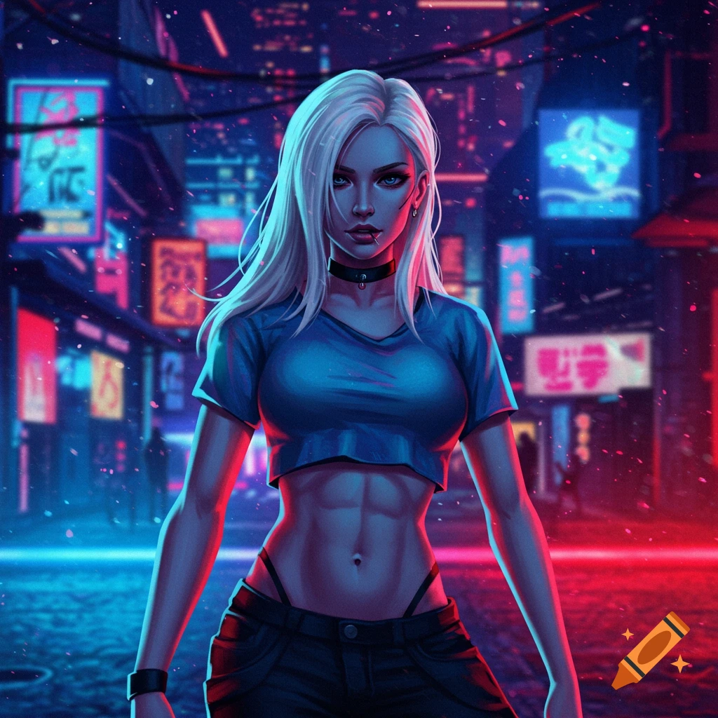 Anime-style woman with white hair and abs in a crop top and low-rise pants stands in a neon-lit cyberpunk city at night.