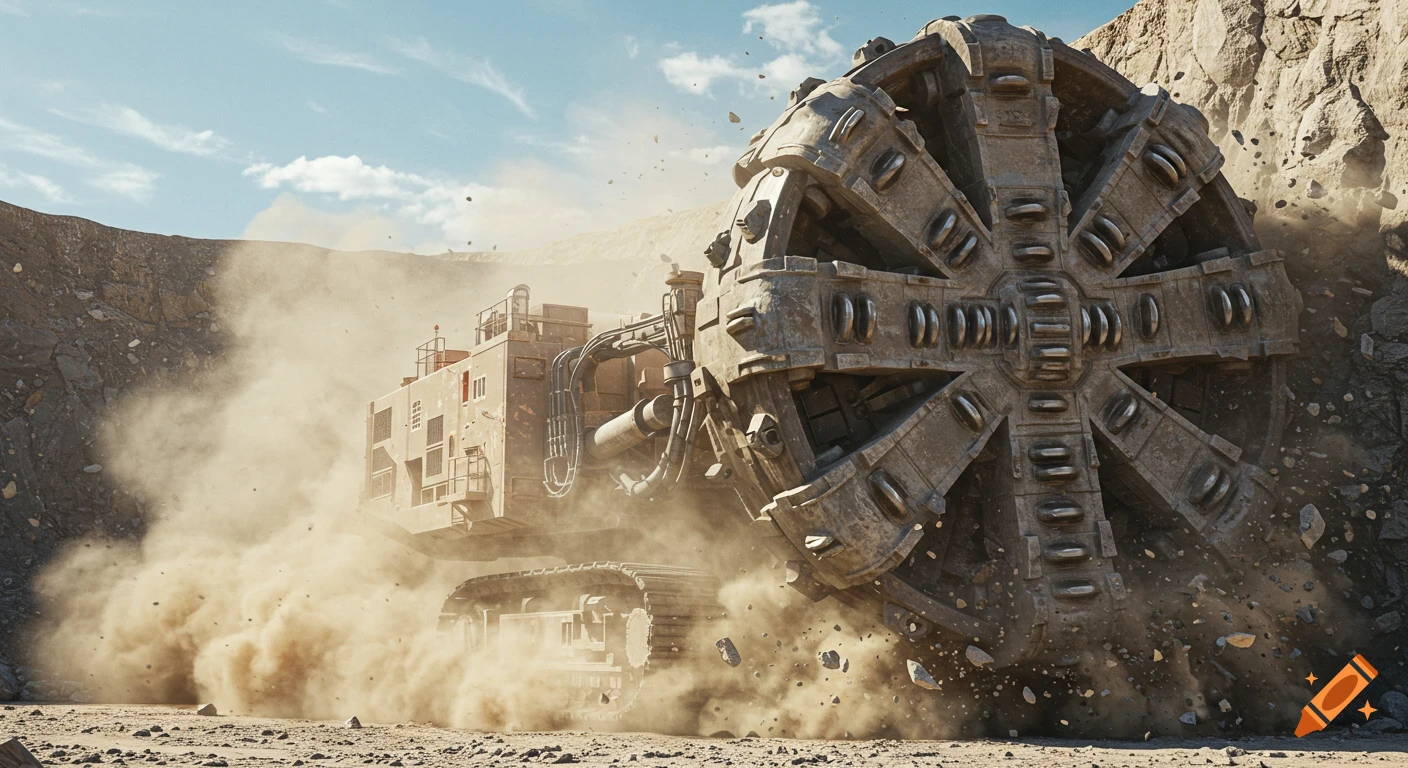 A massive tunnel boring machine, with a large rotating cutter head, emerges from a dusty rock face under a clear sky in a photorealistic style.