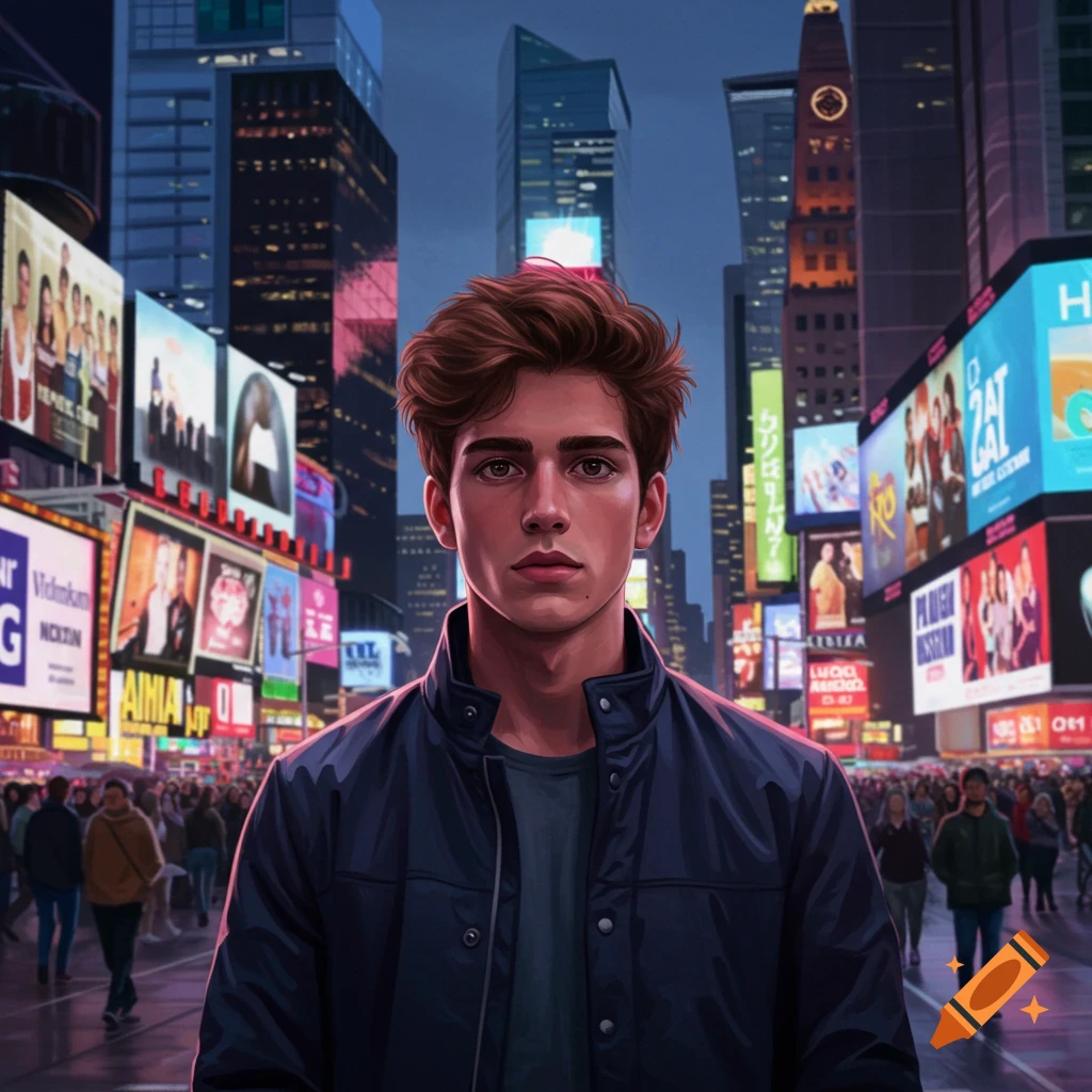 Digital art portrait of a young man with brown hair and brown eyes, wearing a dark jacket, standing amidst a crowd in a neon-lit city street with numerous billboards.