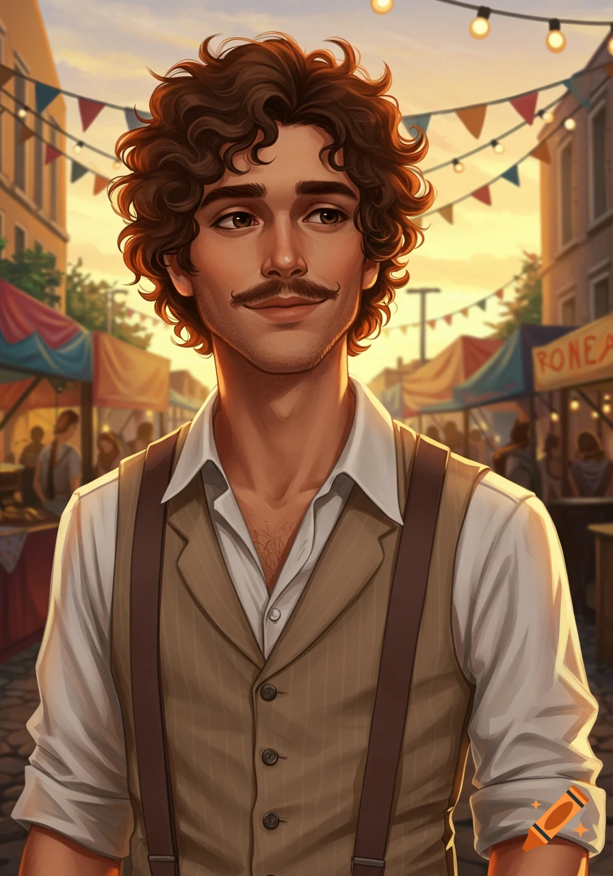 Illustrative portrait of a handsome man with curly hair and mustache, wearing a vest, smiling in a market at sunset.