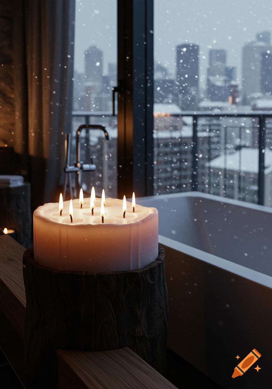 A large, multi-wick candle on a dark wooden base in a luxurious bathroom, with a snowy city visible through the window. Photorealistic.
