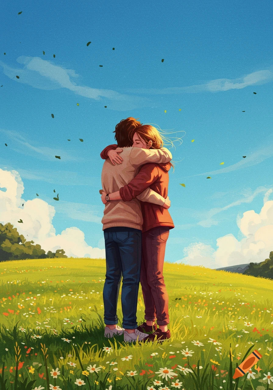 Illustrated couple embracing in a sunny wildflower meadow under a clear blue sky, with leaves drifting.