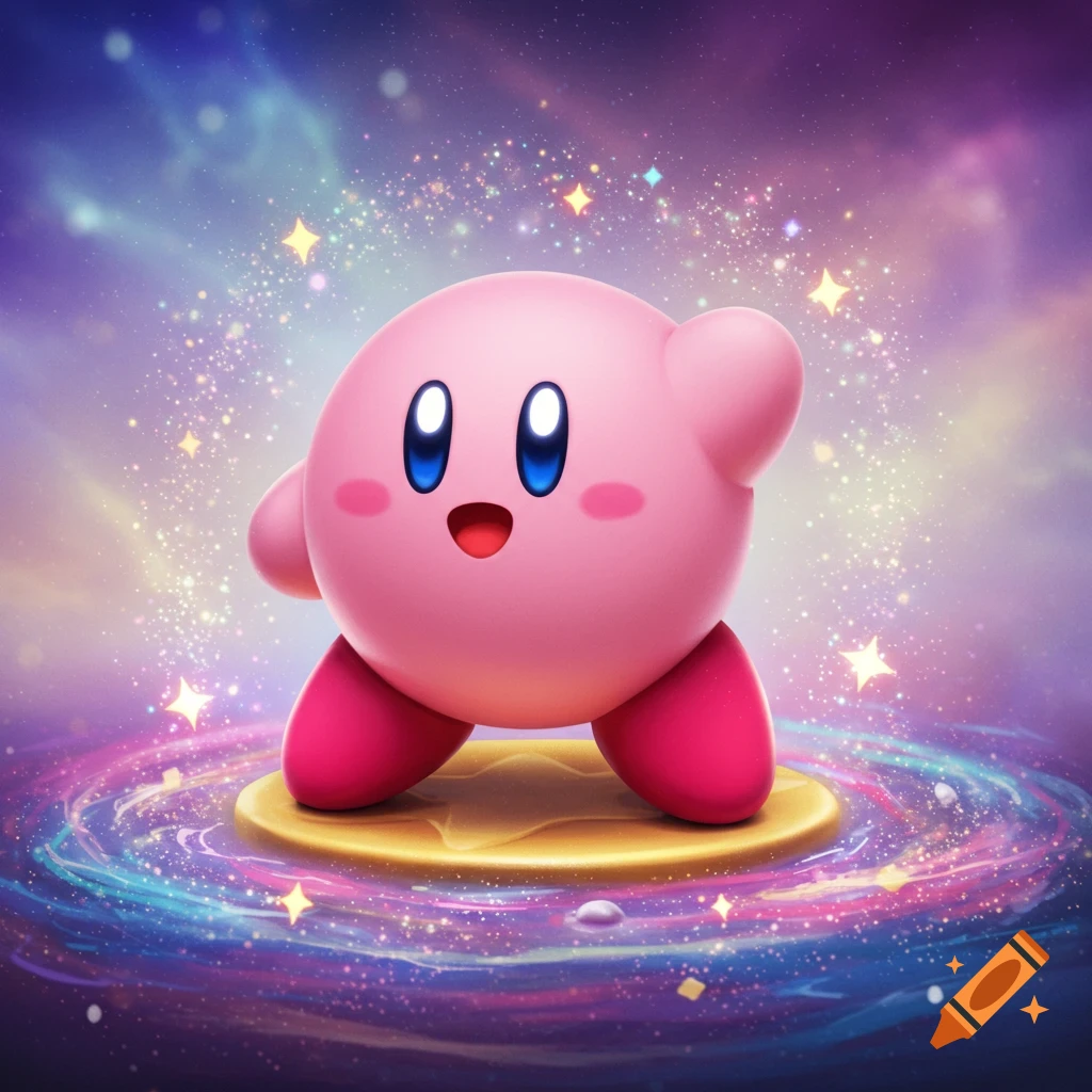 A vibrant illustration of a pink, spherical Kirby standing on a golden star platform amidst a sparkling galaxy with a colorful spiral.