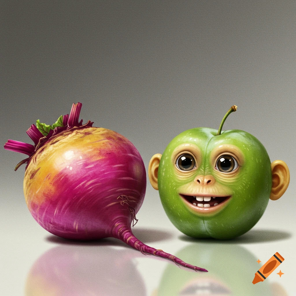 A hyper-realistic image of a rainbow beetroot next to a green apple with a monkey face, big eyes, and a wide smile.