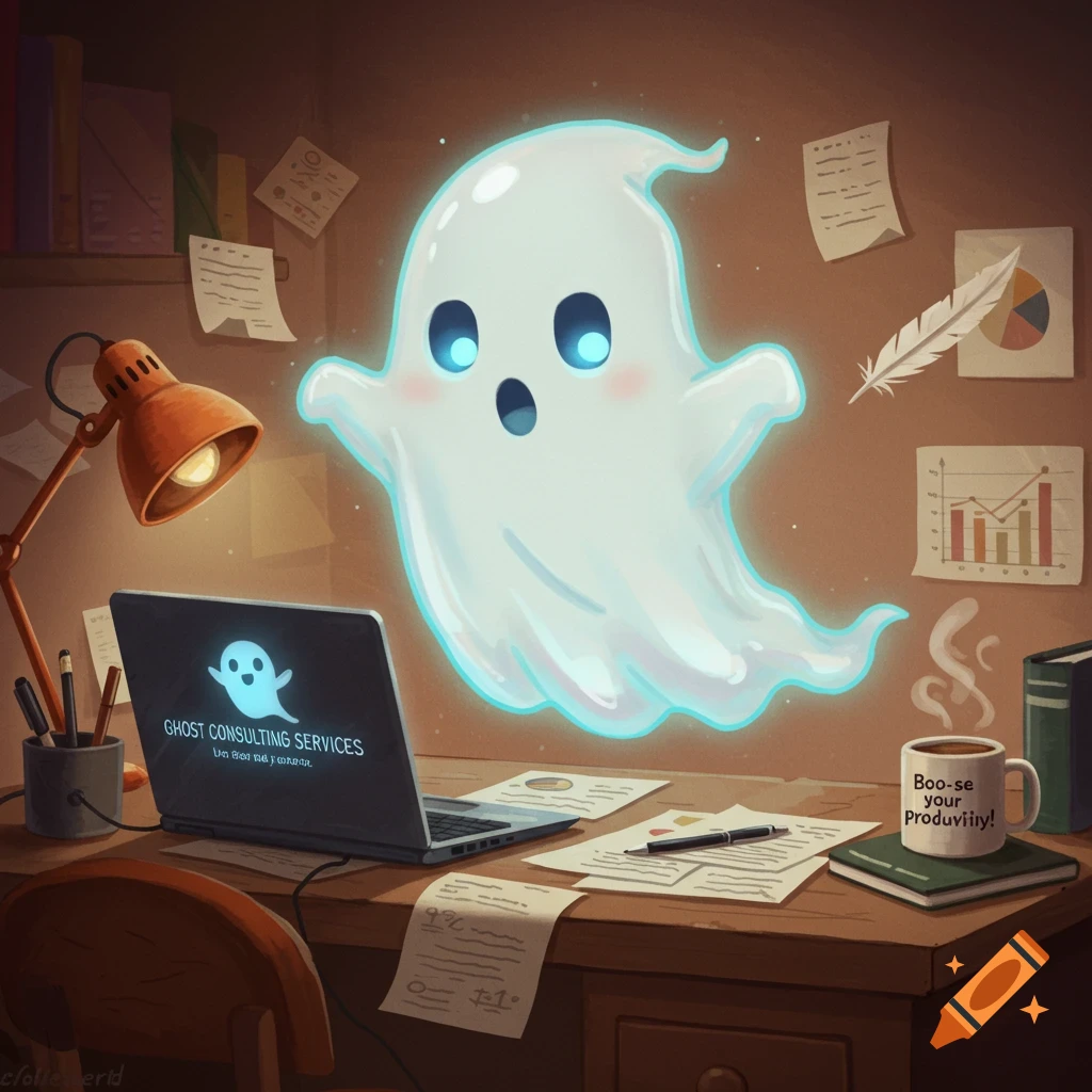 A cute cartoon ghost with glowing blue eyes floats over a wooden desk with a laptop, lamp, coffee mug, and papers, in a warm, inviting room.