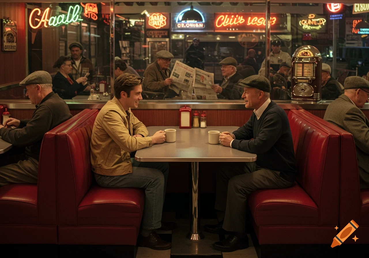 A young man and an older man drink coffee in a red booth diner, with other patrons, a jukebox, and neon signs in the background.