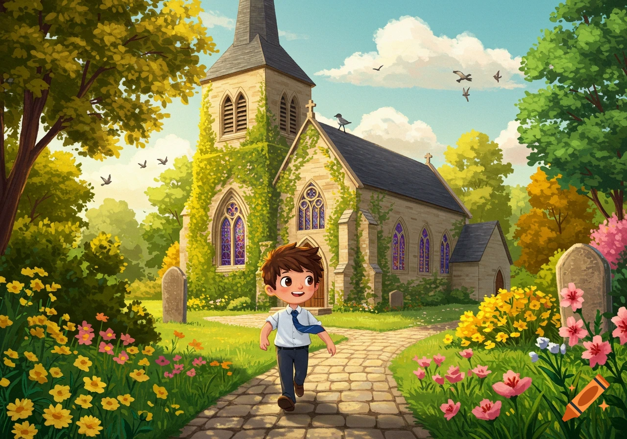 A cheerful cartoon boy in a white shirt and tie walks down a stone path towards a vine-covered church, surrounded by colorful flowers and trees under a blue sky.