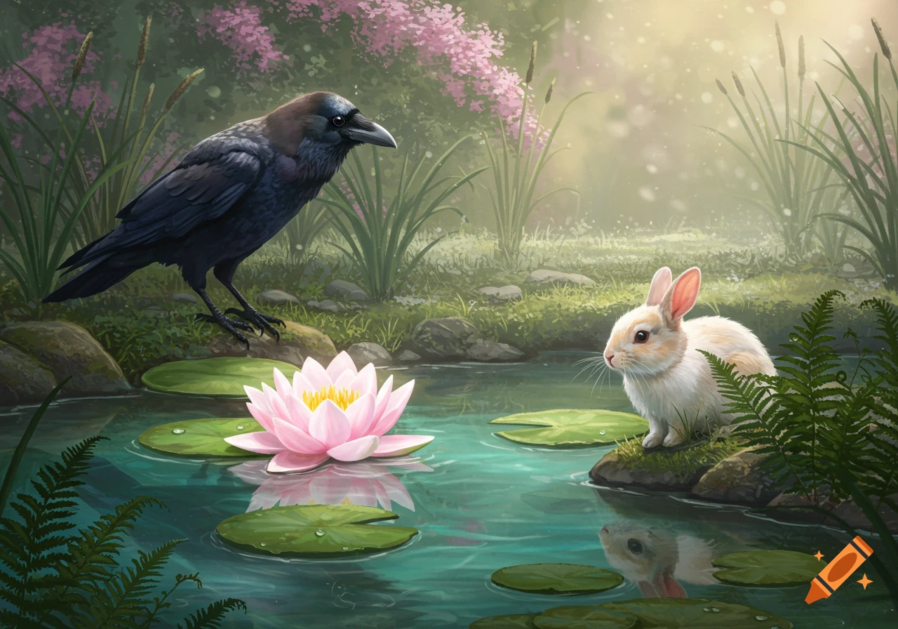 A raven and a rabbit face each other across a pond with a pink lotus flower, in a lush, detailed natural illustration.