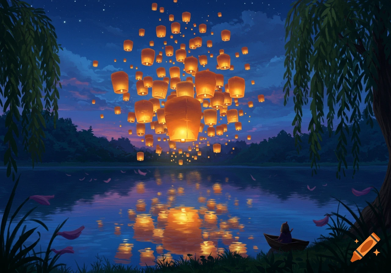 A fantastical night scene with numerous glowing orange lanterns floating above a serene lake, reflecting in the water, framed by trees and a person in a small boat.