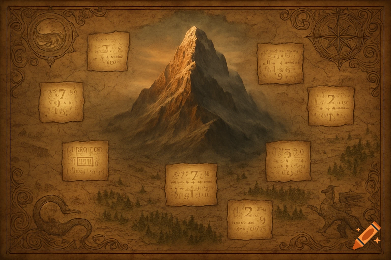 An old-style fantasy map centered on a towering mountain, surrounded by parchment patches with illegible script, framed by ornate borders.
