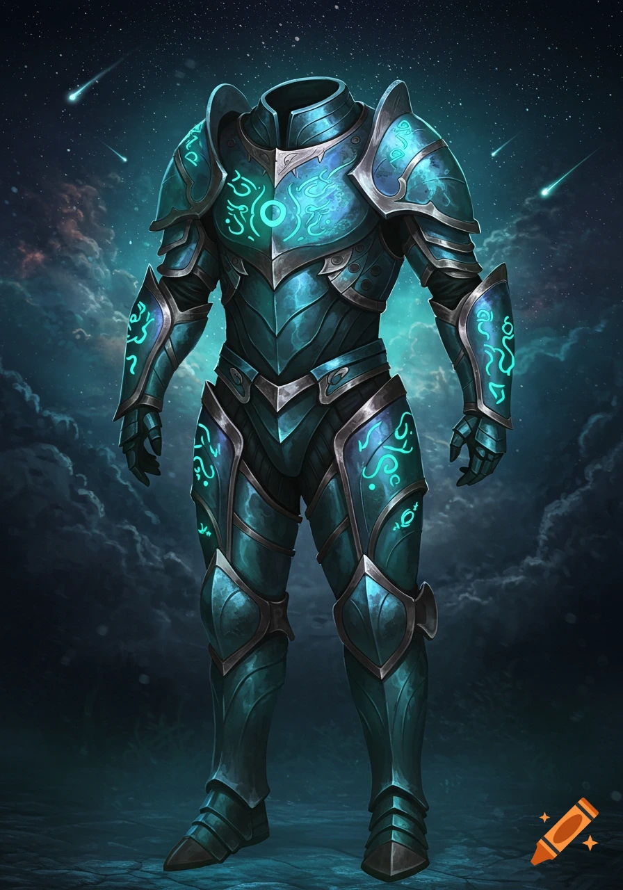 A glowing, ornate teal and silver fantasy armor suit with a headless torso stands against a starry, cloudy night sky.
