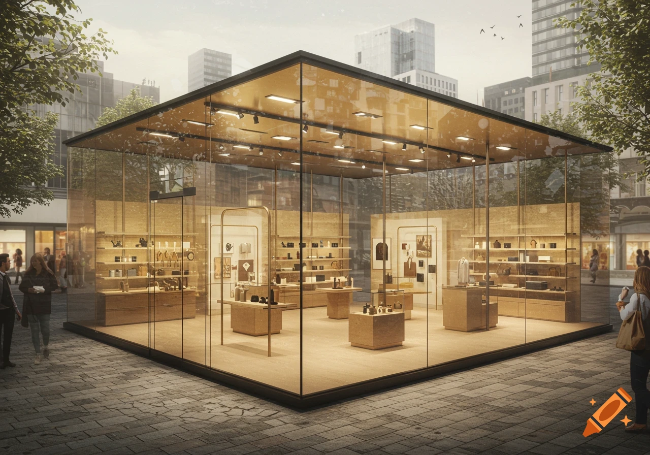 A modern, cube-shaped glass pop-up store in an urban setting, displaying products on shelves inside.