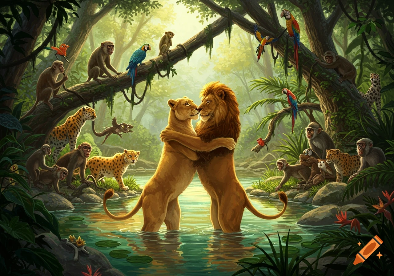 Illustrated jungle scene with a lion and lioness hugging in the water, watched by monkeys, leopards, and parrots.