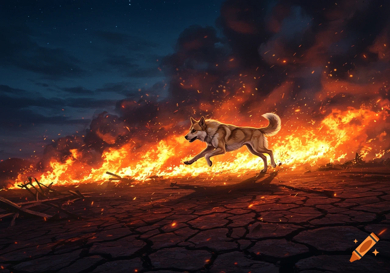 A stylized dog runs over cracked ground as a massive fire with embers rages behind it under a dark, starry night sky.