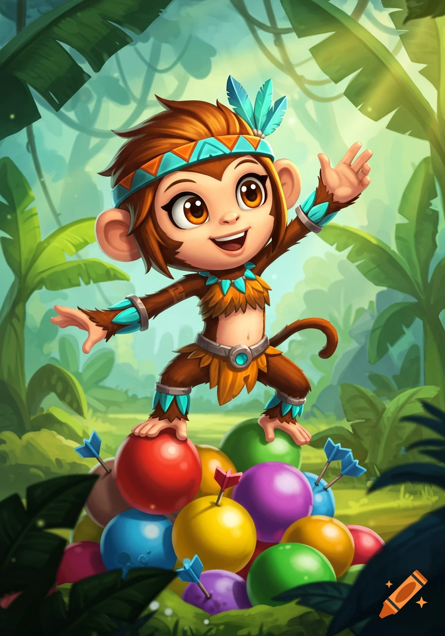 A cute cartoon monkey character wearing a feathered headband stands on a pile of colorful balloons with arrows in a jungle setting.
