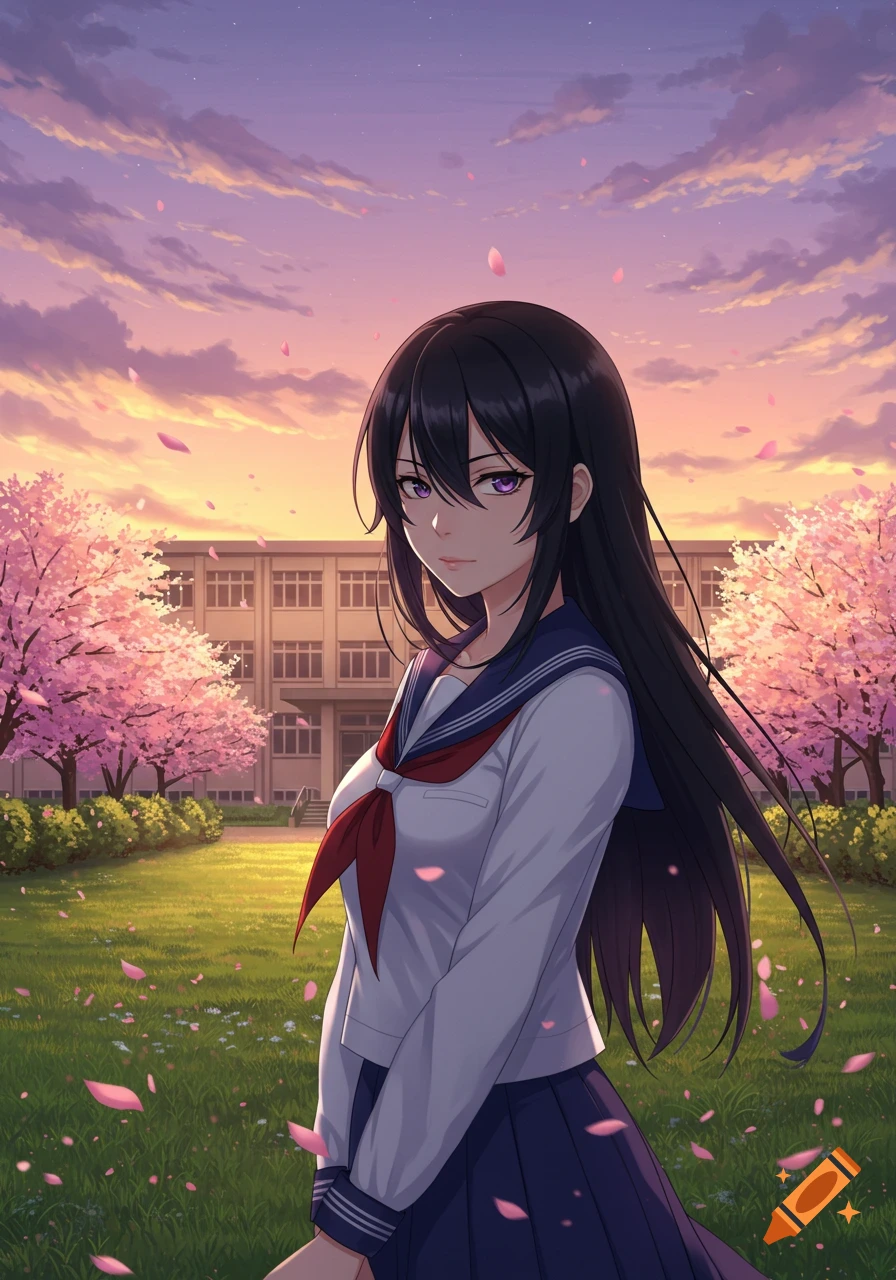 Anime schoolgirl with black hair and purple eyes stands in a schoolyard with cherry blossoms at sunset.