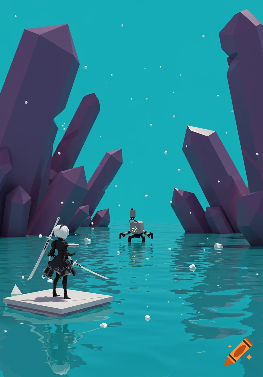 Low-poly 2B stands on a floating platform in turquoise water, facing a robot amidst large purple crystal ruins under a cyan sky.