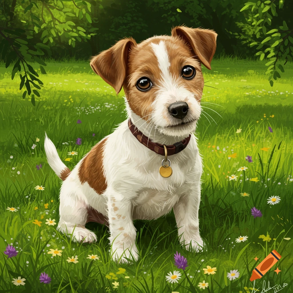Illustration of a brown and white Jack Russell puppy sitting in a green, grassy field with wildflowers and trees.