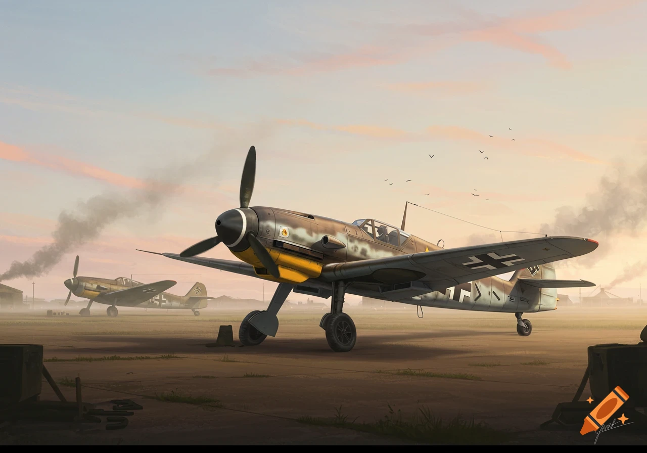 Two World War II era German fighter planes, a Messerschmitt Bf 109 in the foreground and a Focke-Wulf Fw 190 in the background, sit on a dirt airfield at sunset.