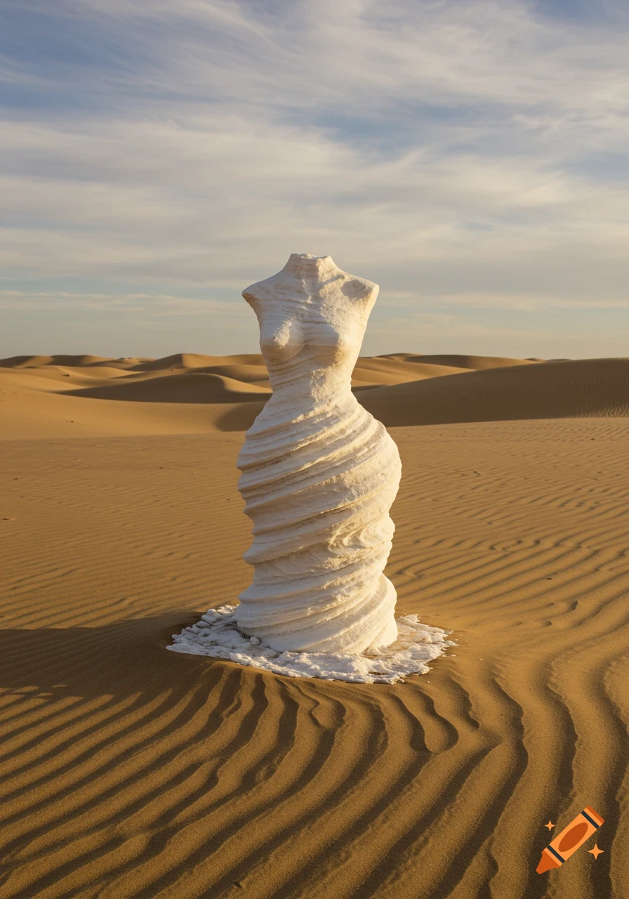 A white, textured pillar of salt, shaped like a woman's torso, stands in a vast, rippled sand desert under a partly cloudy sky.