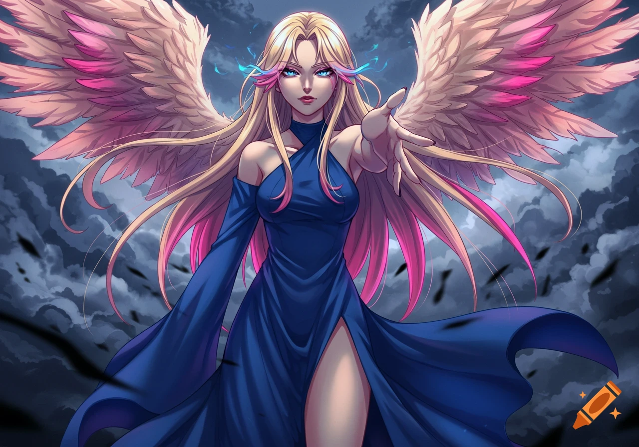 Anime girl with blonde hair, pink/blue streaks, blue eyes, white/pink wings, wearing a blue split dress, extending her hand against a dark, stormy sky.