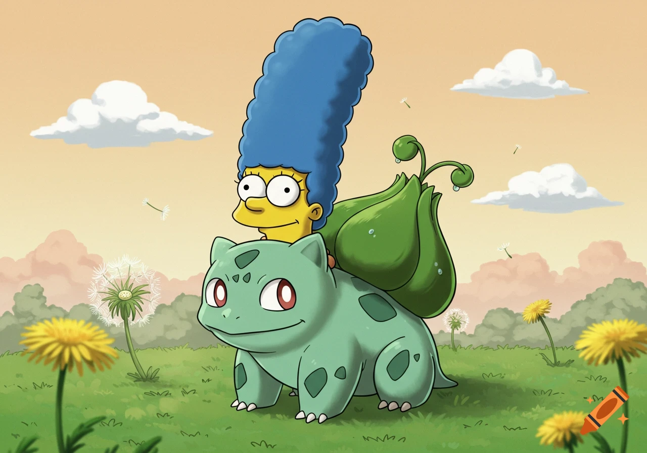 Cartoon of Marge Simpson's head on a Bulbasaur body in a grassy field with dandelions and clouds under a soft sky.