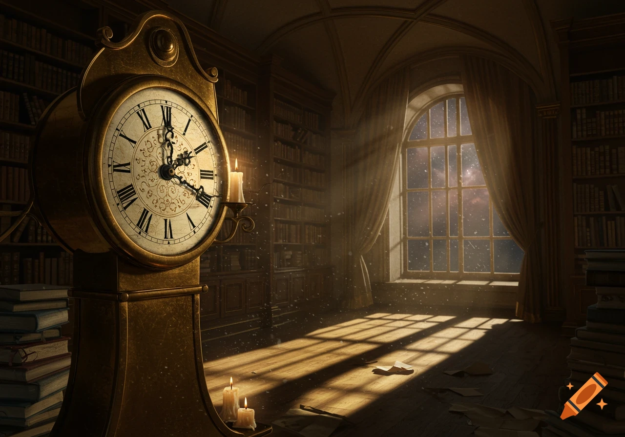A vintage grandfather clock and lit candles in a dimly lit library with bookshelves, sunbeams from a window, and scattered papers.