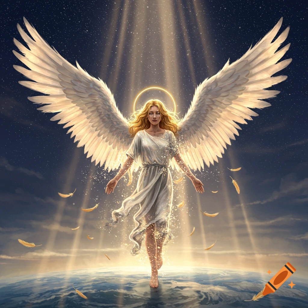 A beautiful angel with large white wings and a halo, surrounded by golden light, stands on the Earth with a starry sky above, in a photorealistic fantasy style.