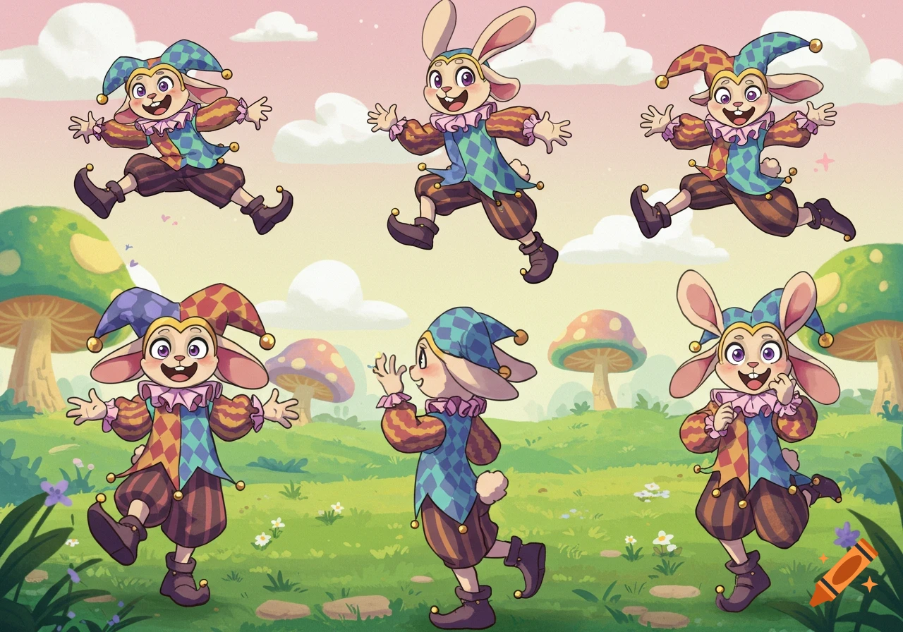 Six cartoon bunny jesters in various poses are depicted jumping and walking in a whimsical mushroom forest.