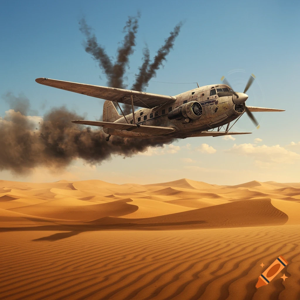 A damaged biplane trailing black smoke flies over vast golden desert dunes under a blue sky.