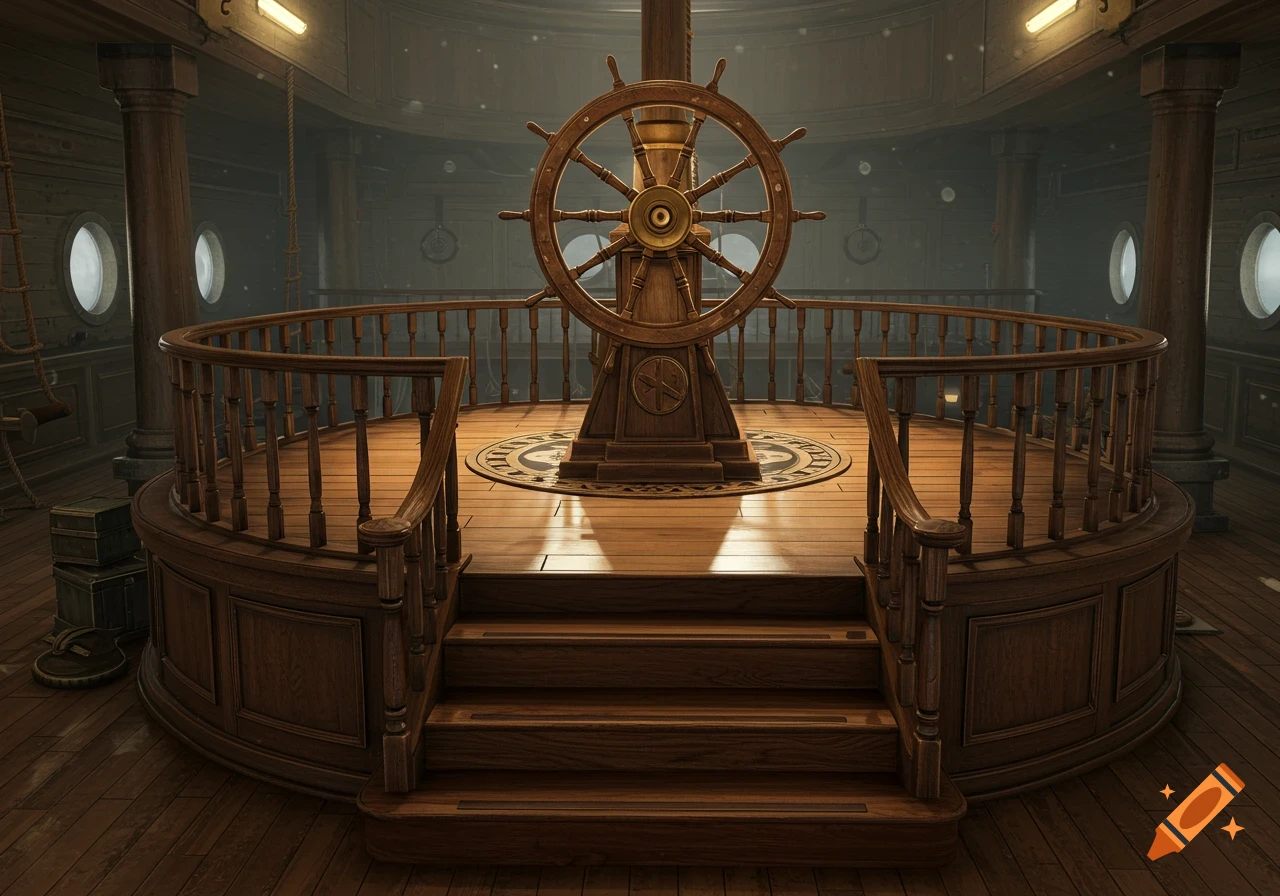 A large wooden ship's steering wheel on a raised platform with steps inside a detailed, dimly lit ship interior.