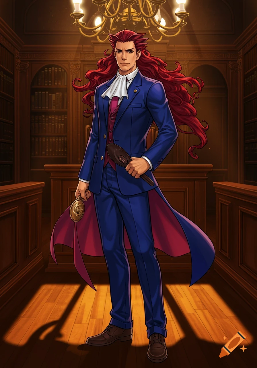 Anime man with long red hair in a blue suit holds a gavel and pocket watch in a library.