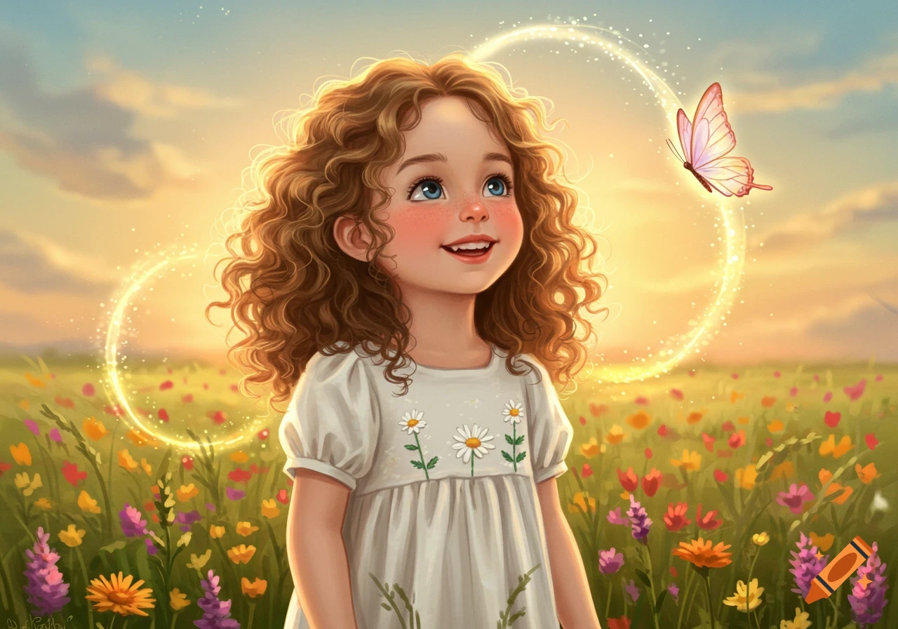 A smiling young girl with curly hair gazes at a pink butterfly with a glowing trail in a vibrant wildflower field at sunset, illustration.