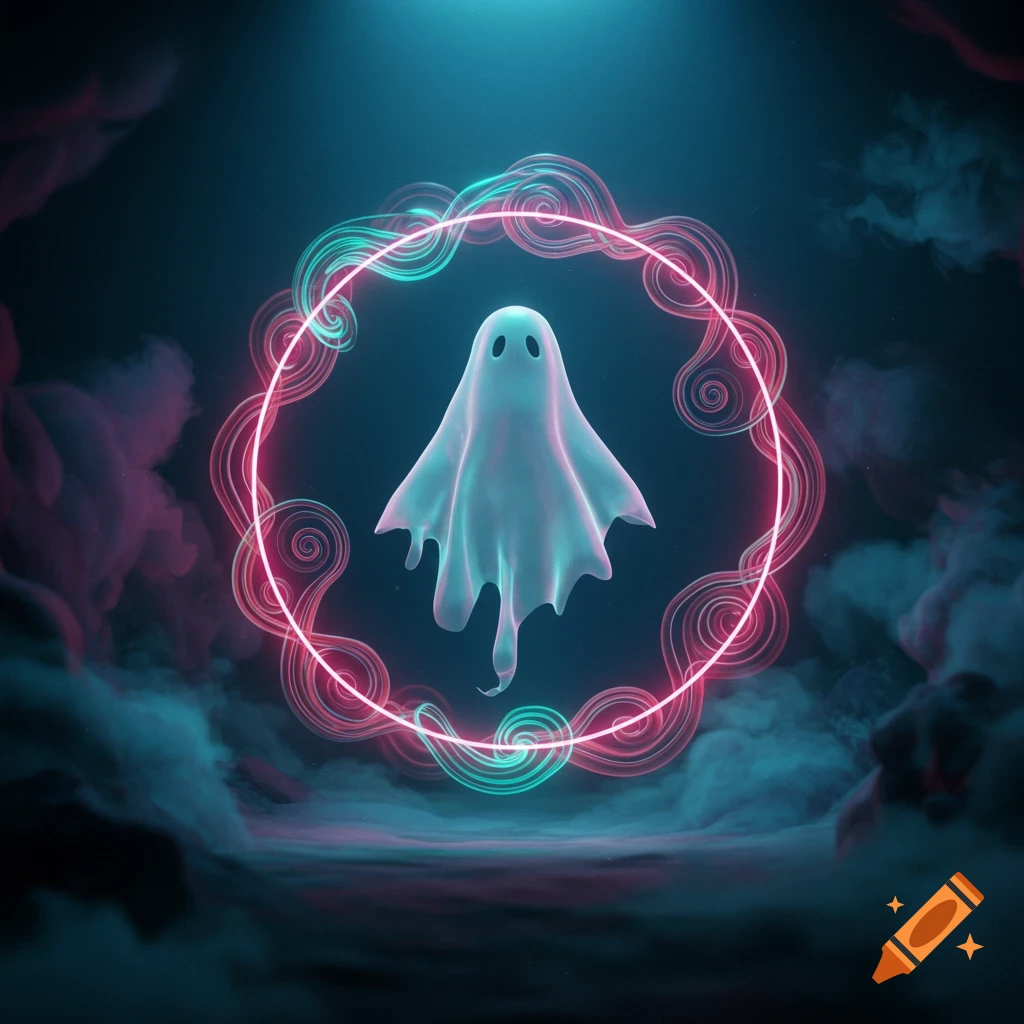 A glowing white ghost floats within a neon pink and teal abstract circle, surrounded by dark, smoky blue and pink haze.