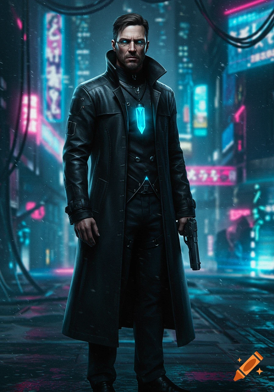 A serious man in a black leather trench coat, holding a gun, stands in a neon-lit cyberpunk city with a blue pendant.