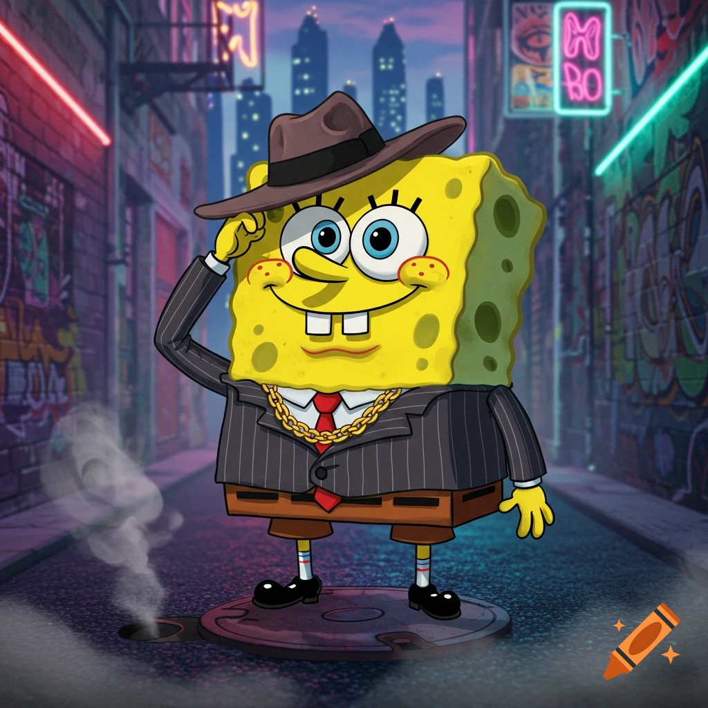 Spongebob Squarepants in a pinstripe suit, fedora, and gold chain tips his hat in a neon-lit city alley.