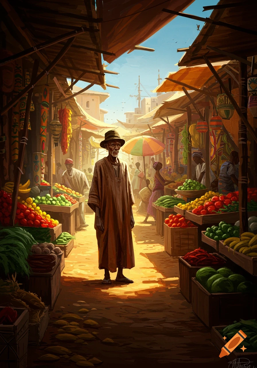 A stylized illustration of an old man standing in a vibrant African market with stalls full of colorful fruits and vegetables.