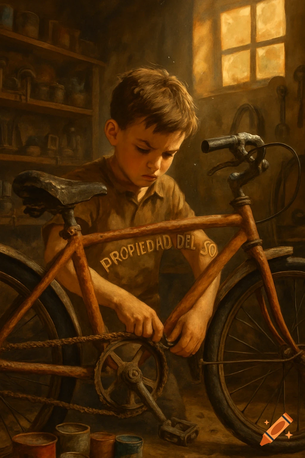 Oil painting of a young boy intensely focused on repairing a rusty bicycle in a dimly lit workshop, soft light from a window illuminates the scene.