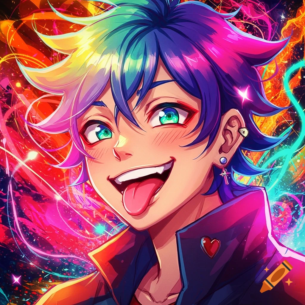 Vibrant anime character with rainbow spiky hair, green eyes, smiling with tongue out against an energetic, neon background.