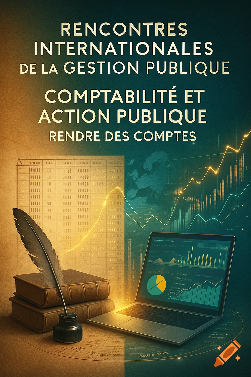 Digital art showing old books, a quill, and an inkwell next to a laptop displaying financial graphs, with abstract charts and a world map in the background. Overhead text reads RENCONTRES INTERNATIONALES DE LA GESTION PUBLIQUE COMPTABILITÉ ET ACTION PUBLIQUE RENDRE DES COMPTES.