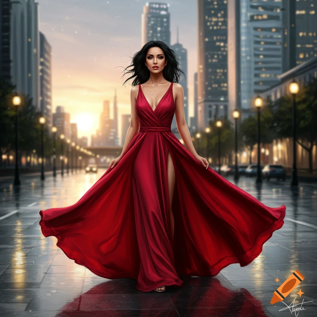 Photorealistic depiction of a woman in a flowing red gown walking on a wet city street at sunset.