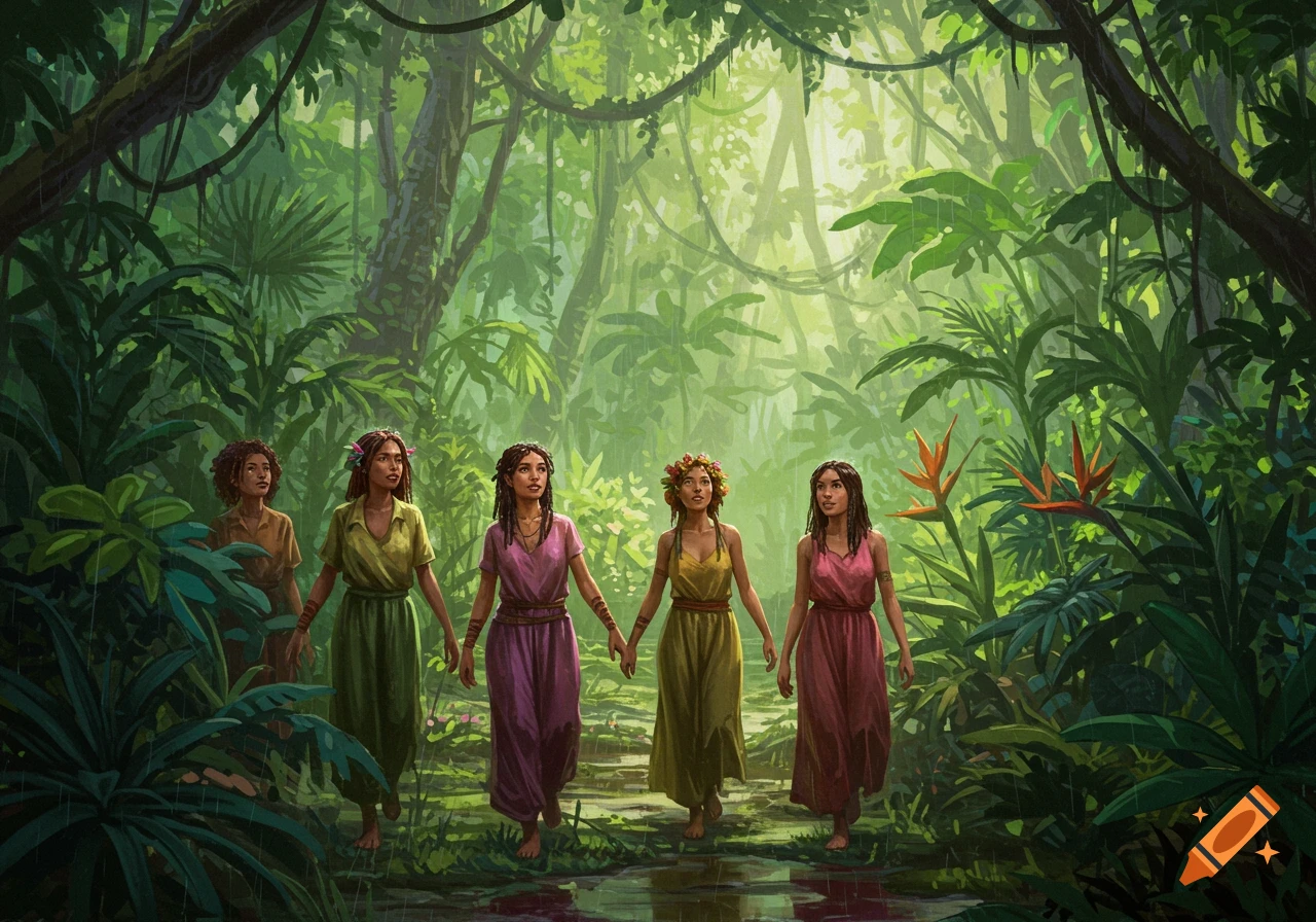 Five women walk hand-in-hand down a path in a lush, green jungle as light rain falls in a painterly style.