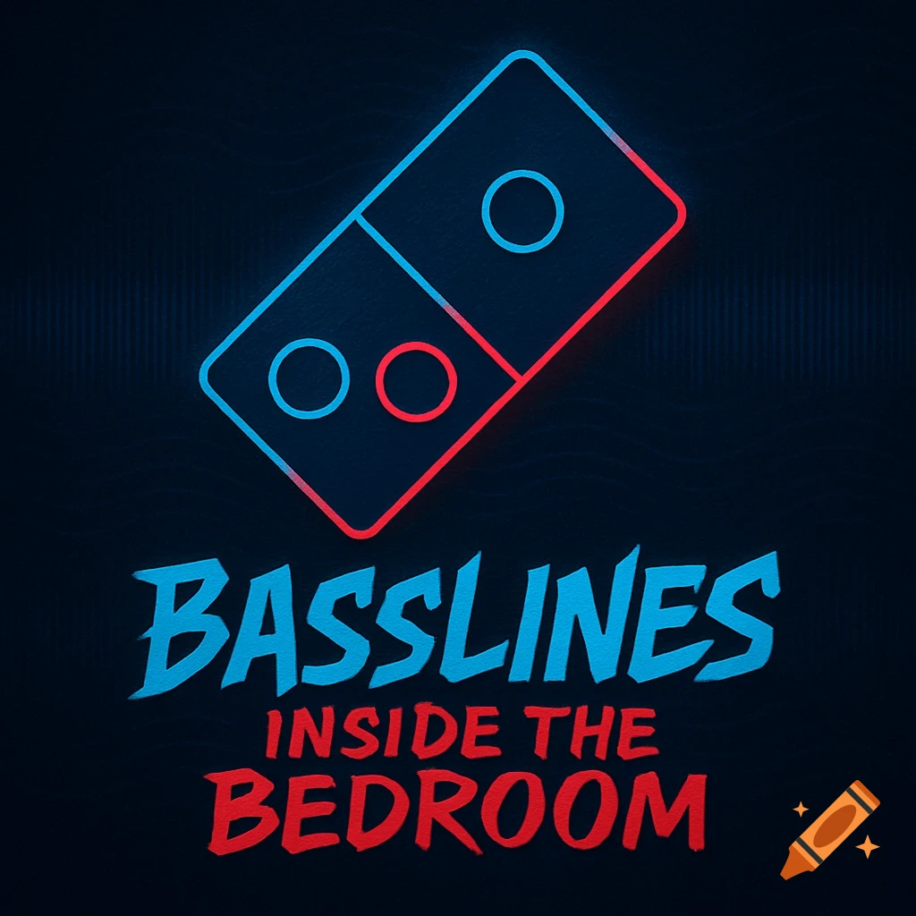 A neon-style graphic of a red and blue glowing domino icon above the words 'BASSLINES INSIDE THE BEDROOM' on a dark background.