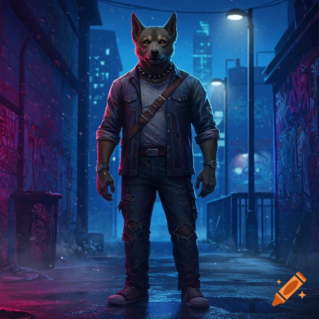 A bipedal dog character wearing a denim jacket and ripped jeans stands in a dark, neon-lit urban alley with graffiti.