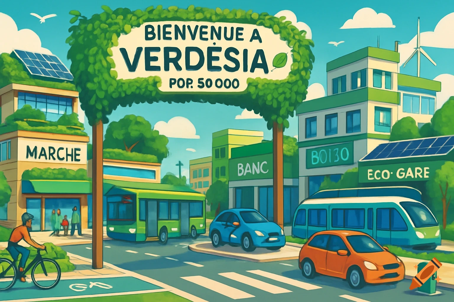 A cartoon illustration of a green city with solar panels, green roofs, a bus, cars, and a cyclist. A large sign reads "Bienvenue à Verdésia Pop. 50 000".