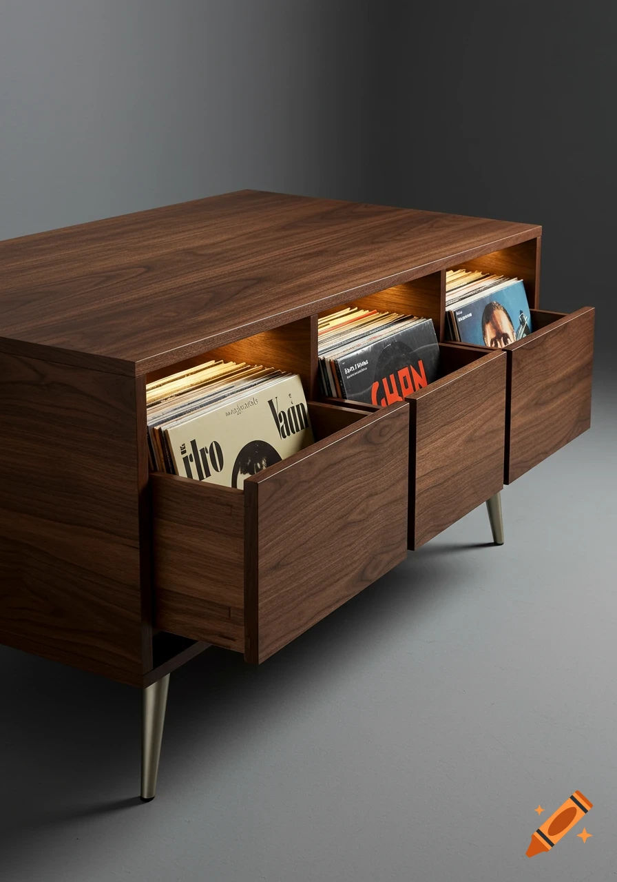 A modern wooden unit with three open drawers holding vinyl records, illuminated by integrated warm lights, on a gray background.