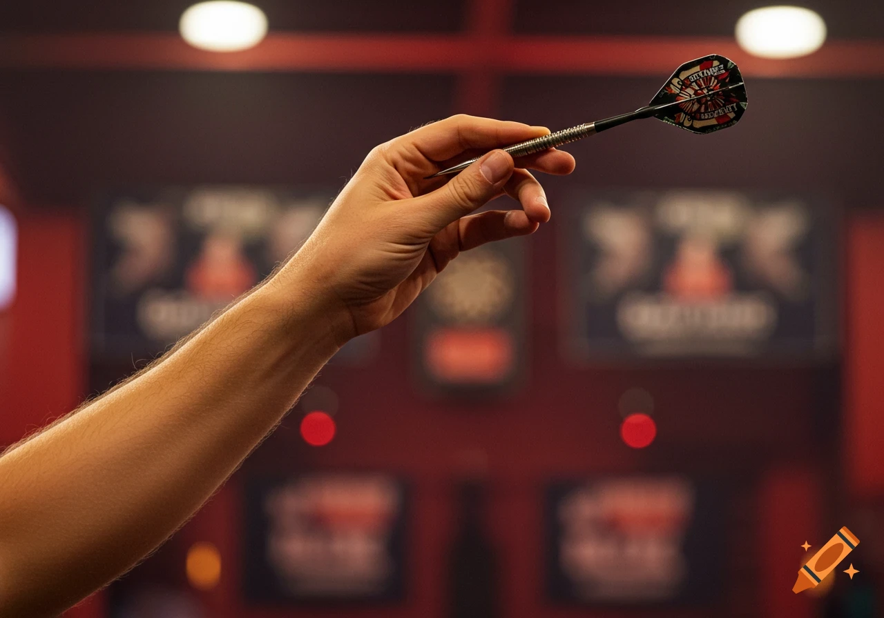 A close-up shot of a hand holding a dart, ready to throw, with a blurred red background.