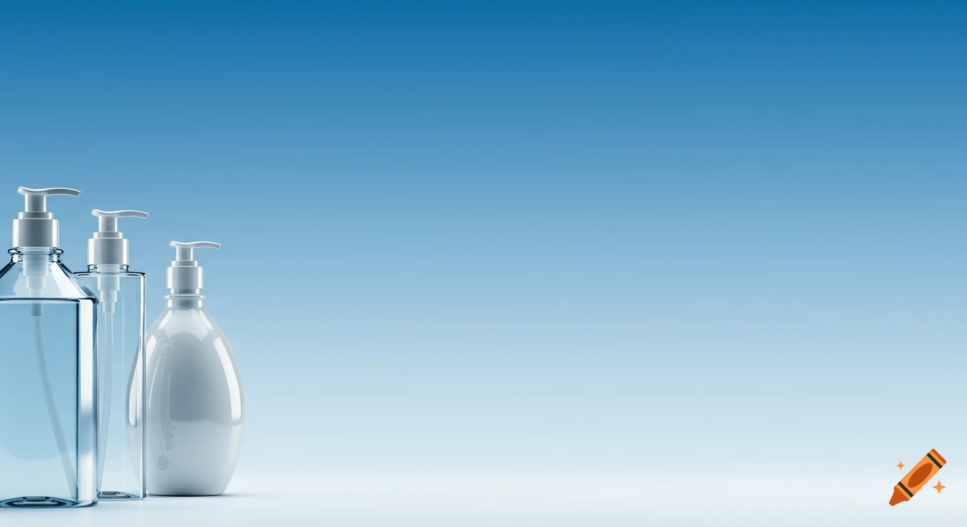 Three liquid soap dispenser bottles, two clear and one opaque white, on a light surface against a blue gradient background.
